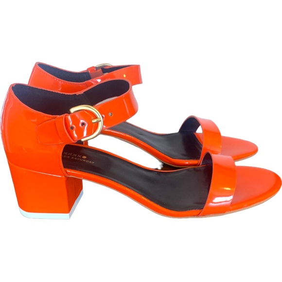 Kate Spade Orange Chunky Patent Faux Leather* Block Heels Sandals Size 7.5 - Picture 2 of 16